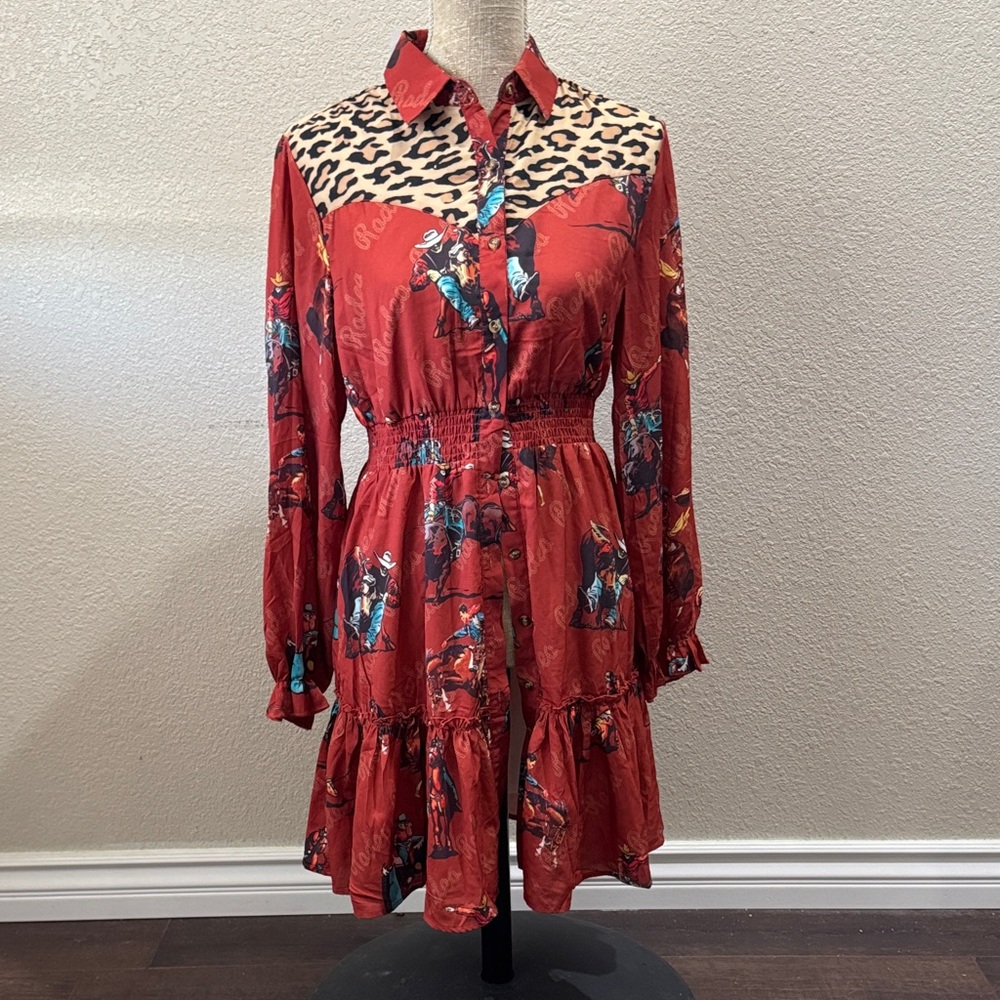 Chic Red Long Sleeve Dress with Leopard Accents